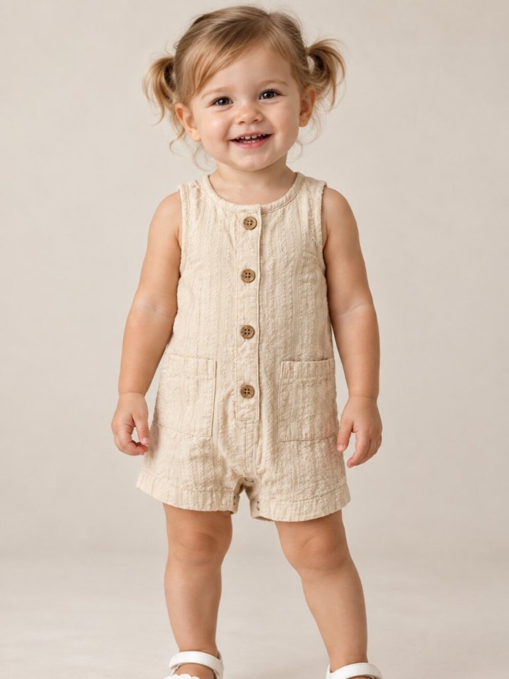 Carter’s Baby 3M Ivory Textured Cotton Romper Button Front Minimalist
